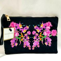 This Beautiful Black Velvet Floral Bag Has Plenty Of Room To Hold All Your Necessities. Black Clutch Wristlet For Gift, Black Wristlet With Zipper Closure As Gift, Black Wristlet With Zipper Closure For Gift, Black Zipper Pouch Wristlet, Chic Pink Clutch Wristlet, Black Clutch Bag For Spring, Trendy Pink Clutch With Zipper Pouch, Black Pouch Wristlet With Zipper Closure, Spring Pink Pouch Wristlet