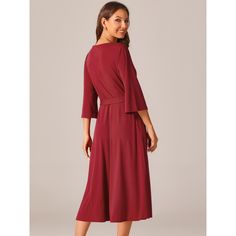 Seta T Women's Elegant Crewneck Bell 3/4 Sleeve Tie Waist Casual Midi Dress with Pockets is a versatile addition to your wardrobe. The fashion style includes Bell 3/4 Sleeve, Round Neck, Side Zipper, High Waist, Two Pockets, and Belted design. The elegant midi knit dress flatters any body shape, making it a timeless piece suitable for various occasions. Crafted from 95% Polyester and 5% Spandex, this dress is lightweight, comfortable, and breathable, ideal for any season. Its chic and understate Winter V-neck Solid Color Midi Dress, Red 3/4 Sleeve Dress For Fall, Red 3/4 Sleeve Spring Dress, Red V-neck Midi Dress With Tie Waist, Red Midi Dress With 3/4 Sleeves For Fall, Midi Knit Dress, Casual Midi Dress, Midi Dress With Pockets, Ballet Dress