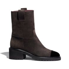 Suede Calfskin Brown & Black Ankle Boots | CHANEL Boots Chanel, Boots Suede, Couture Mode