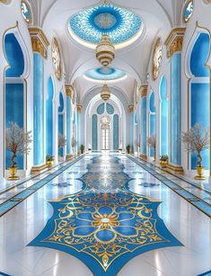 an ornate hallway with blue and gold decorations on the ceiling, along with marble flooring