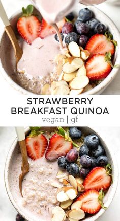 two bowls filled with fruit and oatmeal next to each other