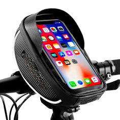 the bike phone holder is attached to the handlebars and holds an iphone in it