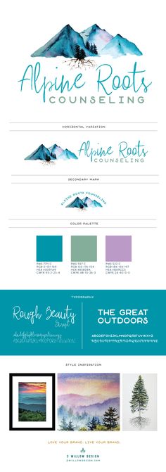 graphic design, branding, branding board, logo design for counseling business. watercolor mountains in a blue, green and purple color scheme. Counseling Logo, Branding Mood Board Inspiration, Blue Website, For Business Logo, Cursive S, Beach Color Palettes, Ac Logo, Green Logo Design, Massage Logo