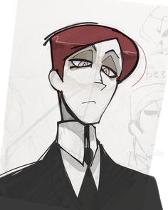 a drawing of a man with red hair wearing a black suit and white collared shirt