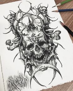 a drawing of a skull with skulls on it