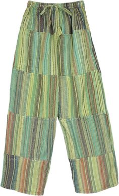 A tinted green soft and beautifully textured, breathable stonewashed cotton trouser pants that is made from patches of striped fine quality fabric.  These straight leg trousers have two side pockets and a back pocket; the waist has elastic and a drawstring for flexibility. #tlb #SplitSkirtsPants #Patchwork #Stonewash #Pocket #Striped #bohemianfashion #Greencottonpants #patchworkpants #unisexbohemianpants Green Yoga Pants Outfit, Yoga Pant Outfits, Green Yoga Pants, Green Cotton Pants, Green Yoga, Fall Green, Bohemian Pants, Unisex Pants, Hippie Look