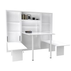 a white desk and bookcase are shown in front of a white wall - mounted shelving unit