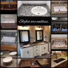 there are many pictures of different sinks in the bathroom and on the counter top, with words above them that say styles are endless