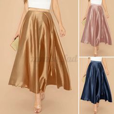 Size Women's Elegant Pleated Satin Dress Maxi High Waist Ladies Long Skirt Party | eBay Maxi Skirt Plus Size, A Line Maxi Skirt, Pleated Satin Dress, Skirt Beach, Satin Maxi Skirt, Maxi Dress Collection, Formal Dresses With Sleeves, Umbrella Skirt, Skirt Plus Size