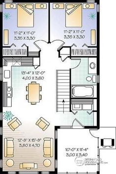 the floor plan for a small house with two living areas and an attached kitchen area