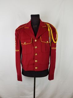 "Good vintage condition Irem Shrine uniform jacket Marked: Length 22.5 sleeve 19 Chest 45 Waist 43 George Gregory #3032 B-5 Measures: Chest 48 Waist 42, adjusts smaller with buttons Sleeve 26.5\" Shoulders 21 Burgundy color Gold embroidery Shoulder ropes" Fitted Long Sleeve Military Uniforms, Fitted Long-sleeved Military Uniforms, Red Military Long Sleeve Outerwear, Fitted Long Sleeve Uniforms For Fall, Formal Long Sleeve Uniform, Formal Fitted Uniform With Long Sleeves, Formal Fitted Long Sleeve Uniform, Fitted Uniform Outerwear With Epaulettes, Embroidery Shoulder