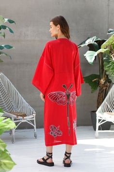 Discover more embroidered long dresses https://etsy.me/2qc98Z8 One-of-a-kind embroidered wrap kimono dress, plus size resort robe with pockets, belt. Gorgeous custom linen gown can be made in any colors or length. Butterfly embroidered linen kimono dress Description: Textile - 100% linen. Embroidery - multi Standart length - 130 cm / 51.18 inch Side pockets, belt Size chart is at the last photo I'll be pleased if you leave your chest and hips measurements with order Embroidered vishivanka is a s Embroidered Summer Loungewear Dresses, Red Summer Robe For Vacation, Red Summer Vacation Robe, Red Spring Vacation Robe, Red Wrap Kimono For Beach, Red Beach Robe For Spring, Red Beach Robe, Spring Embroidered Dresses With Kimono Sleeves, Linen Wrap Kimono For Vacation