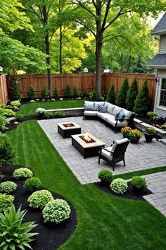 an outdoor patio with seating and landscaping