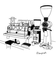 a black and white drawing of an espresso machine with many cups on it