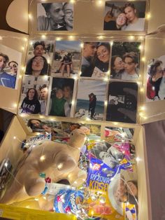 an open box filled with pictures and lights