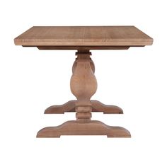 a wooden table with two pedestals on each side and one leg raised up to the top