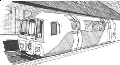 a black and white drawing of a subway train