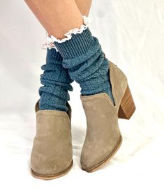 BOOTI lace tweed slouch  socks - slate blue Upgrade your bootie and ankle boot collection with our luxurious slate blue tweed lace slouch socks. These elegant socks are the ideal match for any bootie or ankle boot. The intricate knit adds sophistication and pairs beautifully with a variety of colors. MADE IN AMERICA sock is 10" from heel to toe 90% COTTON.10%NYLON one size fits most women  7-10 * Signature socks by C Cole Quality lace socks for women  Women have been calling our socks their signature look for many years Elegant Socks, Women's Fall Fashion, Boot Collection, Blue Lace Top, Slouch Socks, Ankle Socks Women, Blue Tweed, Lace Socks, Boot Socks