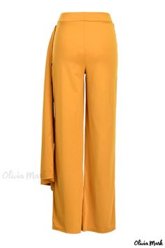 Olivia Mark - Womens High-Waisted Straight Solid Color Pant in Yellow with Stylish Asymmetrical Folded Patchwork Accent Chic Asymmetrical Hem Bottoms For Work, Asymmetrical Solid Bottoms For Work, Asymmetrical Solid Bottoms For Workwear, Spring Bottoms With Belt Loops And Asymmetrical Hem, Chic Bottoms With Belt Loops And Asymmetrical Hem, Asymmetrical Hem Bottoms With Belt Loops For Work, Workwear Bottoms With Belt Loops And Asymmetrical Hem, Casual Bottoms With Asymmetrical Hem For Work, Versatile Asymmetrical Bottoms For Spring