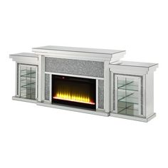 an electric fireplace with two glass shelves and a fire place in the center, on white background