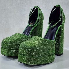 Green Rock It Jewel Green Rhinestone Chunky Heel 2 Inch Dual Platform 6 Inch High Heel Sandal With Ankle Strap. Brand New In Box Green Rhinestone Party Heels, Glamorous Green Heels With Rhinestones, Glamorous Green Embellished Heels, Green Rhinestone Round Toe Heels, Green Rhinestone Heels, Green Platform Shoes, Cinderella Heels, Funky Heels, Pink Kitten Heels