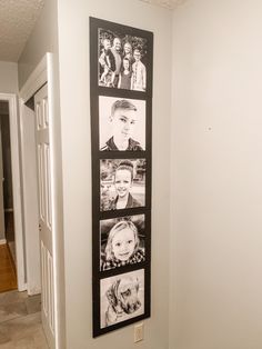 a white wall with four pictures hanging on it's side next to a door