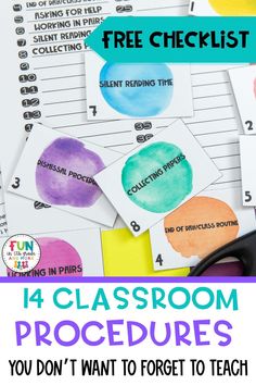 four classroom procedure posters with the text, free checklist for 4 classrooms you don't want to forget to teach