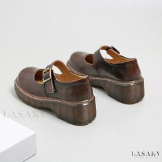 Lasaky - Chic Strap Mary Jane Shoes by Footmotion Academy Casual Brown Flat Mary Janes, Casual Leather Shoes With Buckle Closure, Casual Ankle-high Mary Janes For Spring, Spring Casual Ankle-high Mary Janes, Casual Wide Fit Heels, Casual Brown Mary Janes With Flat Heel, Casual Brown Flat Heel Mary Janes, Casual Brown Closed Toe Mary Janes, Casual Round Toe Heels With Leather Sole