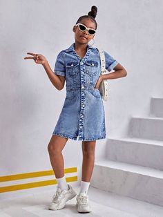 Style:Casual \nNeckline:Collar \nWaist Line:High Waist \nDetails:Pocket \nType:Shirt \nHem Shaped:Straight \nSleeve Type:Regular Sleeve \nDetails:Button Front \nColor:Dark Wash \nPattern Type:Plain \nSleeve Length:Short Sleeve \nFit Type:Regular Fit \nLength:Short \nFabric:Non-Stretch \nMaterial:Denim \nComposition:76% Cotton \nComposition:13% Viscose \nComposition:11% Polyester \nCare Instructions:Hand wash,do not dry clean \nSheer:No \nPockets:Yes \n Girls Denim Dress, Denim Dresses, Preppy Casual, Girls Denim, Dress P, Denim Dress, Style Casual, High Waist, Hand Wash