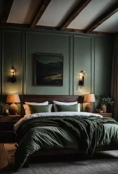 a large bed sitting in a bedroom next to two lamps on either side of it