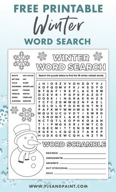 the free printable winter word search is shown with snowflakes in the background