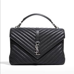 Saint Laurent "College" Chevron-Quilted Leather Shoulder Bag. Removable Flat Top Handle, 2.8" Drop. Detachable Shoulder Strap, 14.4" Drop. Envelope Flap Top With Metal Logo Medallion; Magnetic Closure. Interior, Cotton/Leather Lining. 7.9"H X 12.6"W X 3.4"D. Made In Italy. Ysl Lou Camera Bag, Ysl Shoulder Bag, Rose Bag, Tote Outfit, Saint Laurent Handbags, Saint Laurent Bag, Metal Logo, Leather Hobo, Quilted Leather