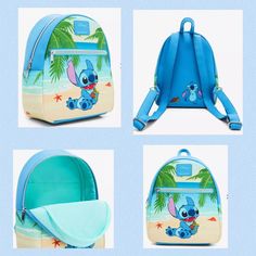 Loungefly Disney Lilo & Stitch Turtle Beach Mini Backpack Have A Beach Day With Your Ohana And Pack All Of Your Essentials Into This Lilo & Stitch Mini Backpack! Features A Tropical Image Of Stitch On The Beach And Hugging A Sea Turtle, And An Image Of Them On The Back. Comes With Front Zipper Pocket And Interior Drop Pocket. Please Note: Mini Zipper Wallet Sold Separately. 8" X 4 1/2" X 10 1/2" Polyurethane Front Zipper Pocket Interior Drop Pocket Imported By Loungefly Disney Travel Backpack, Cute Blue Bags For Vacation, Blue School Bags, Back To School Vacation Backpack, Themed Travel Bags For Back To School, Blue Backpack For Vacation, Themed Blue School Bags, Disney Style Backpack For Travel, Disney Style Standard Backpack For Travel