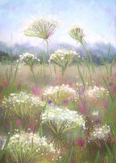 a painting of white flowers in a field