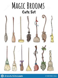 a bunch of brooms that are sitting on top of each other with the words magic broom