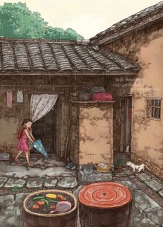 a painting of a woman holding an umbrella in front of a house with other items on the ground