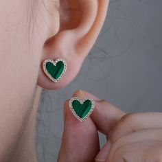 Natural Green Malachite Stud Earrings With Real Diamonds Solid 14K Yellow Gold Heart Shape Earrings Minimalist Jewelry Pair Of Two Earrings Early Christmas Arriving Product  ✦ If you want to lock your earrings with different style closure, then we can make it for you.  >> About this product:- * SKU Code:- SGT00357  * Handmade/ Handcrafted Fine Jewelry * Metal: 18K Solid Yellow Gold (with Stamped) * Metal Purity: 18K * Custom Metal Purity: 14K/ 18K  * Malachite Gemstone Weight: 1.02 Ct * Diamond Clarity:- SI-1 * Diamond Color:- G-H * Diamond Weight:- 0.21 Ct. * Diamond Cut:- Brilliant Cut * Heart Size:- 10 mm >> Sizing & Measurements:- >> We will make a great gift for the upcoming festive season - or for birthdays, valentine's day, anniversary, engagement, party, or just any special occasio Heart-shaped May Birthstone Earrings For Anniversary, Heart Shaped May Birthstone Earrings For Anniversary, Elegant Green Heart Cut Earrings, Heart-shaped Green Jewelry With Matching Earrings, Green Heart-shaped Earrings For Anniversary, Green Heart Earrings For Anniversary On Valentine's Day, Green Heart Earrings For Valentine's Day Anniversary, Stamped Metal, Special Gifts For Her