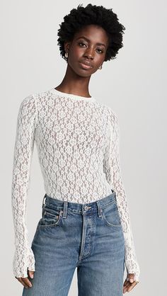 EB Denim Lombardi Top | Shopbop Three Words, Pullover Designs, White Brand, Denim Outfit, Stretch Lace, Waist Length, Denim Top, Healthcare Professionals, Long Sleeve Pullover