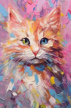 a painting of a cat with blue eyes and yellow, orange, pink, and white colors