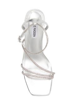 Sparkling crystals trace the asymmetric straps of a square-toe ankle-strap sandal lifted by a slender heel. 3" heel Leather upper/synthetic lining and sole Imported Sparkly Sandals, Strap Sandals Women, Sparkling Crystal, Sandal Women, Ankle Strap Sandals, Strap Sandals, Steve Madden, Nordstrom Rack, Ankle Strap