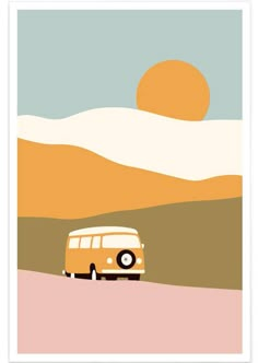 a yellow bus driving down the road in front of a mountain range with an orange sun