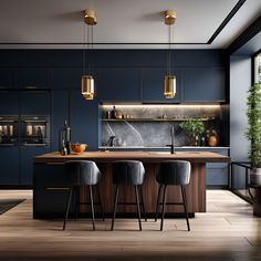 a modern kitchen with dark blue walls and wooden countertops, bar stools in front of the island