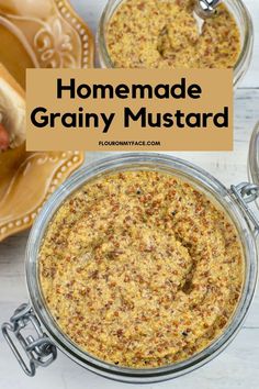 homemade grainy mustard recipe in two glass bowls with hotdog buns on the side