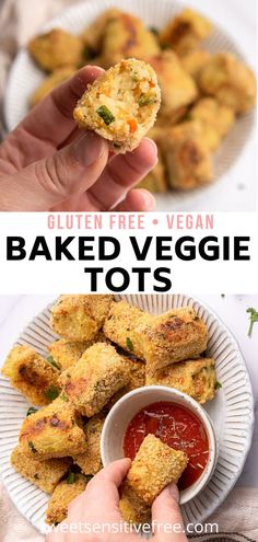 a person holding up some breaded veggie tots on a white plate