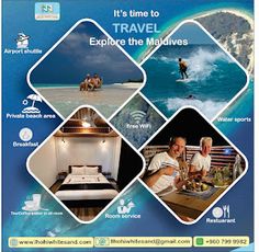 an advertisement for a travel company with images of people surfing and swimming in the ocean