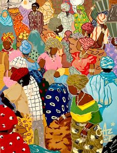 an abstract painting of many people in different colors and sizes, all looking at each other