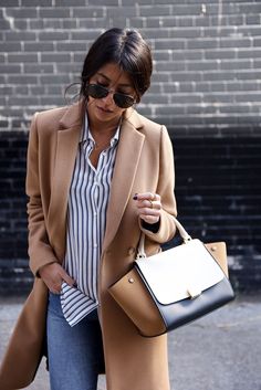 stripes and camel / Not Your Standard Pijamas Women, Autumn Look, Street Style Winter, Camel Coat, Coat Outfits