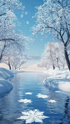 a snowy landscape with trees and water in the foreground, snow flakes on the ground