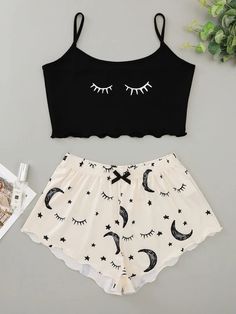 Eyelash Print Camisole Top Star Moon Shorts Loungewear Set-[Adult]-[Female]-Black-S-2022 Online Blue Zone Planet Crop Top Styles, Loungewear Outfit, Short Pj Set, Lazy Outfits