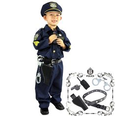 a young boy dressed in police uniform and handcuffs, standing next to an assortment of accessories